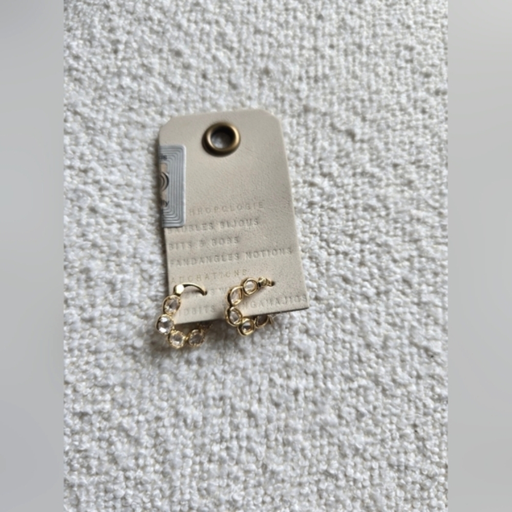 NWT! Anthropologie, Huggie Hoop Earrings, Gold and Crystal Tone, MSRP $44